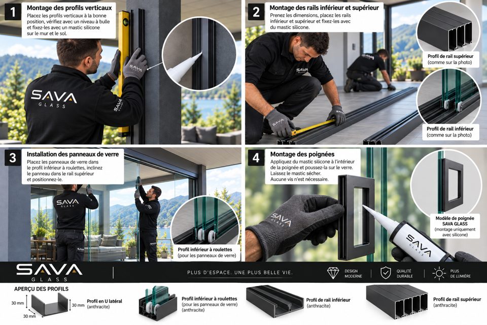 Aperçu de l’affiche de montage SAVA Glass : quatre étapes numérotées et un aperçu des profilés