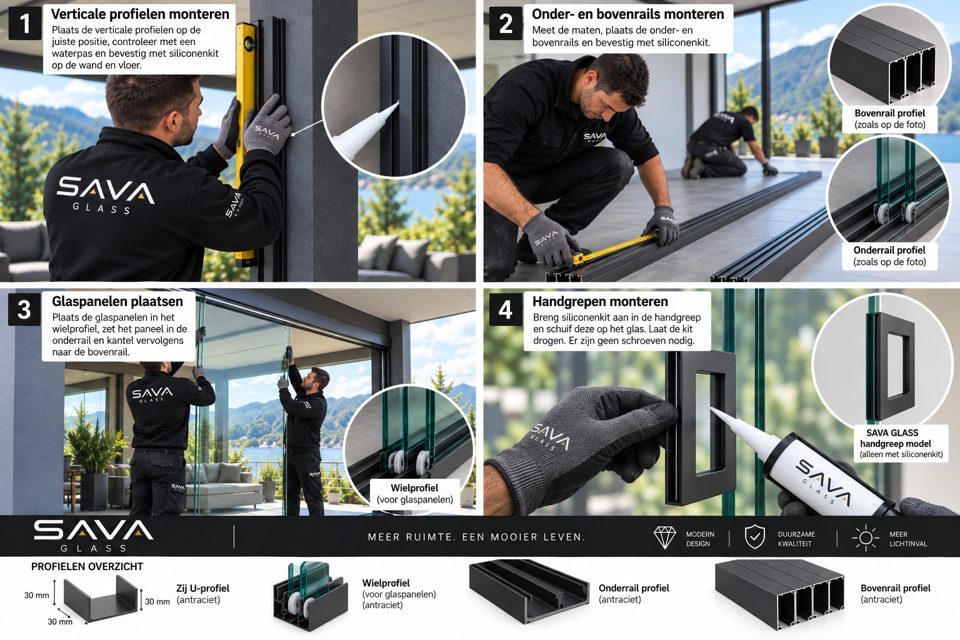 Voorbeeld van de SAVA Glass montageposter: vier genummerde stappen en een overzicht van de profielen
